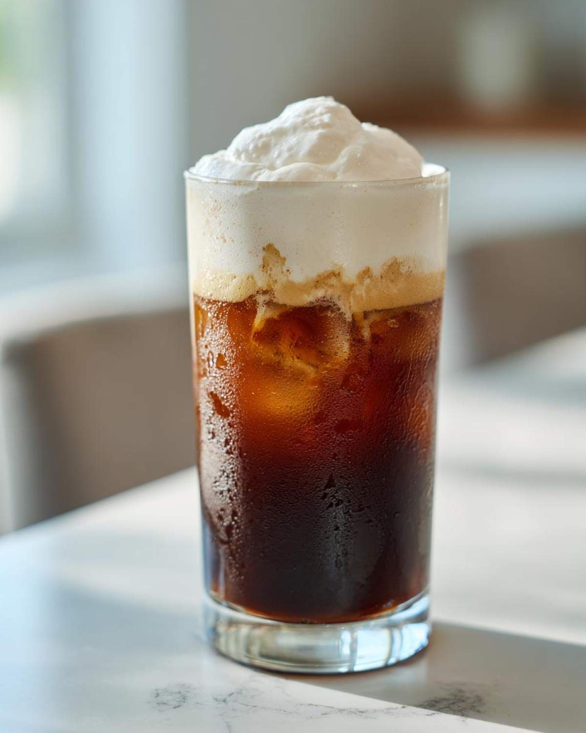 A tall glass of Iced Coconut Mocha with Cold Foam, condensation visible on the glass, sitting on a white marble surface.