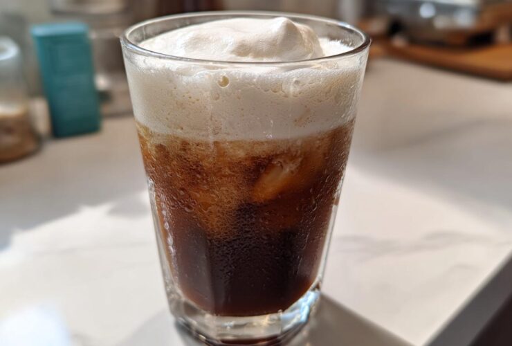 Close-up of a tall glass filled with Iced Coconut Mocha with Cold Foam topping.