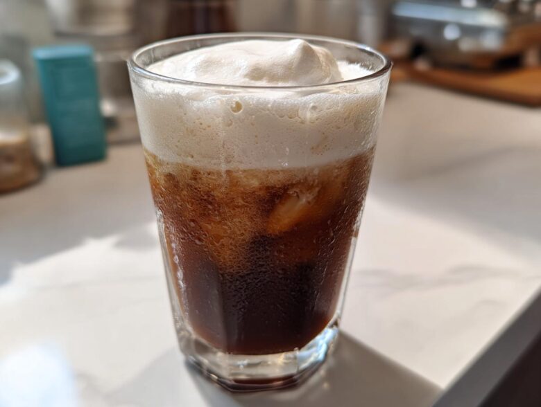 Close-up of a tall glass filled with Iced Coconut Mocha with Cold Foam topping.