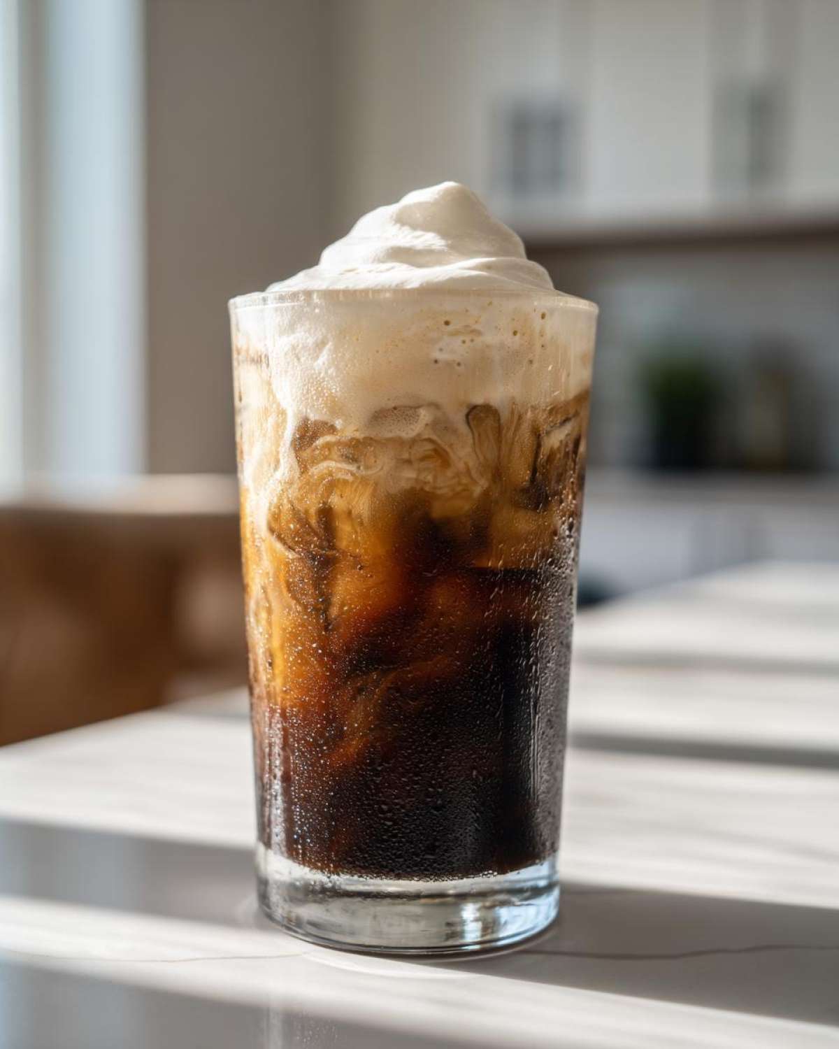 A tall glass filled with Iced Coconut Mocha with Cold Foam, showing condensation on the outside.