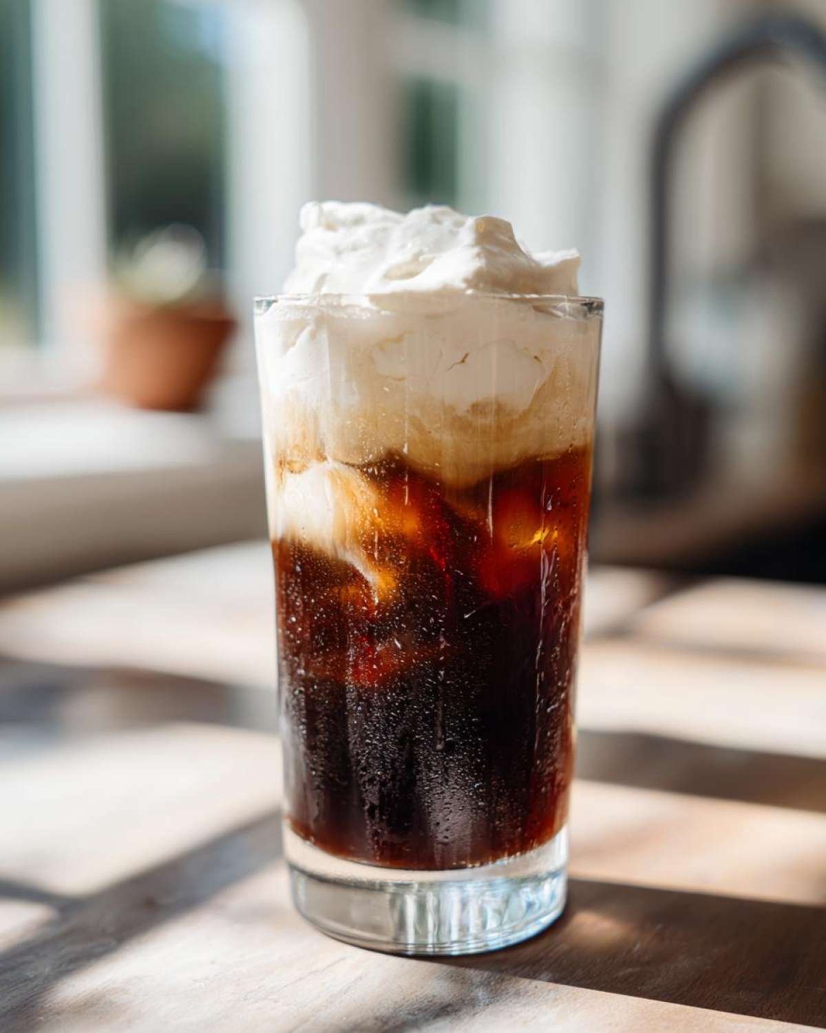 A tall glass of Iced Coconut Mocha with Cold Foam sitting on a sunlit wooden counter.