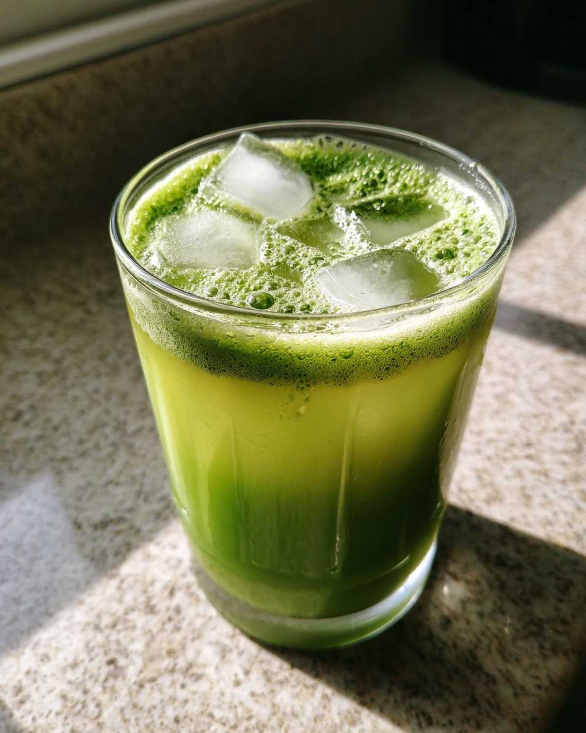 Close-up of a vibrant green Iced Matcha Pineapple Refresher topped with ice cubes and foam.