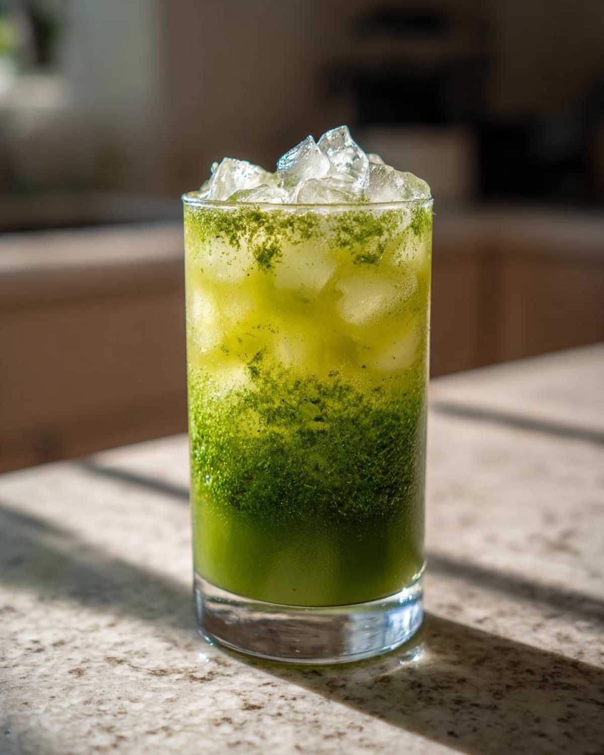 Close-up of a tall glass filled with an Iced Matcha Pineapple Refresher, showing layered green matcha settling over lighter pineapple liquid and topped with crushed ice.