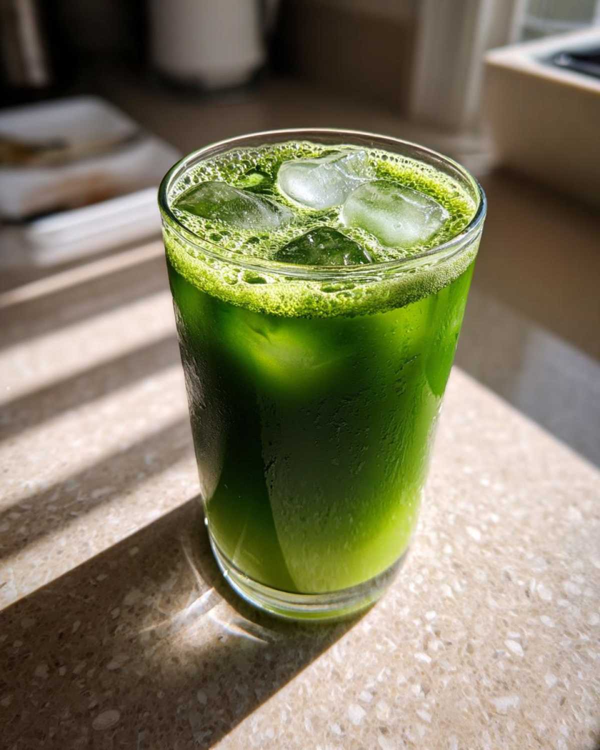 A tall glass filled with a vibrant green Iced Matcha Pineapple Refresher, topped with ice cubes, sitting on a speckled countertop.