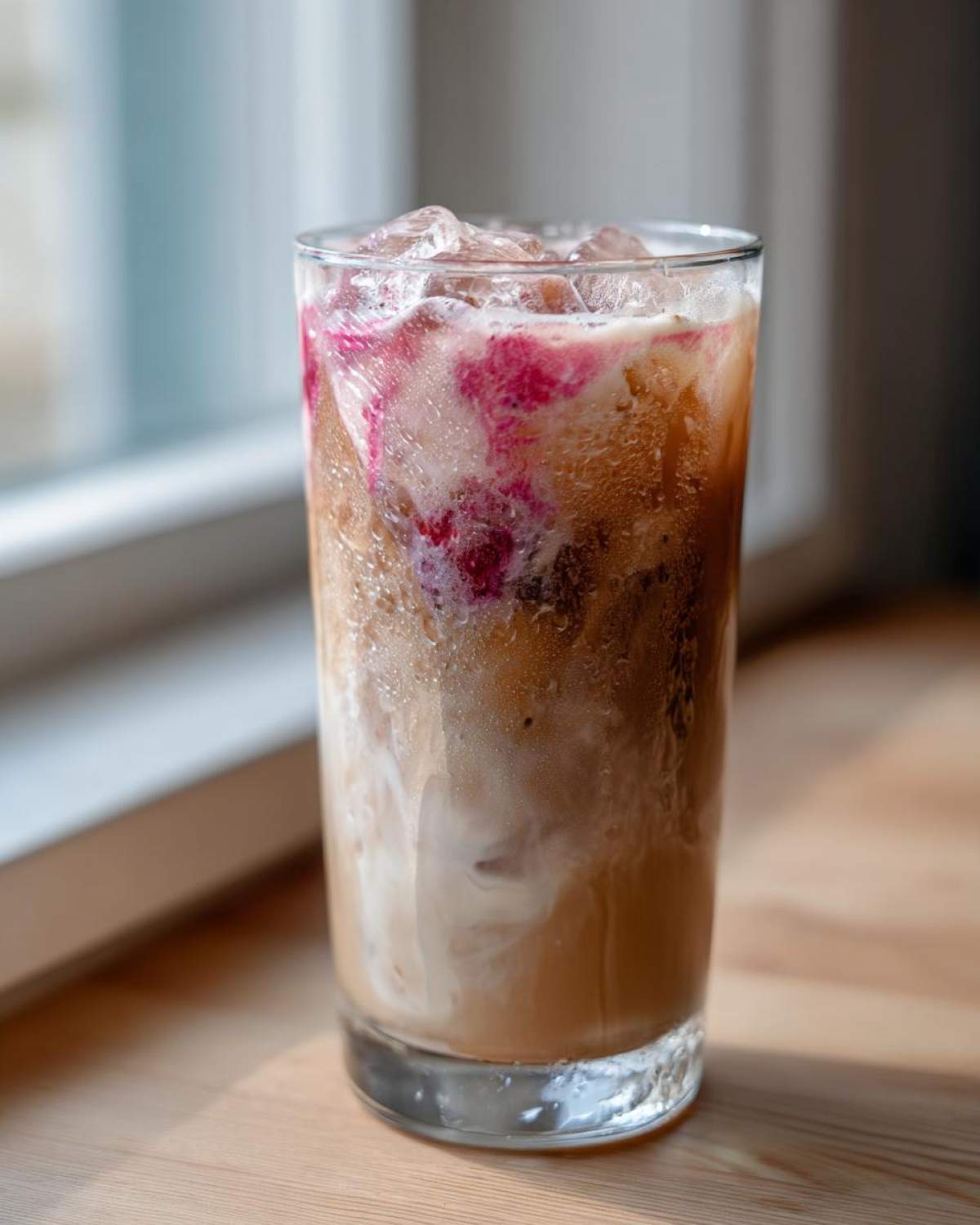 Close-up of a tall glass filled with Iced Raspberry Vanilla Chai, showing layers of milk, coffee/tea, and bright pink raspberry swirls over ice.