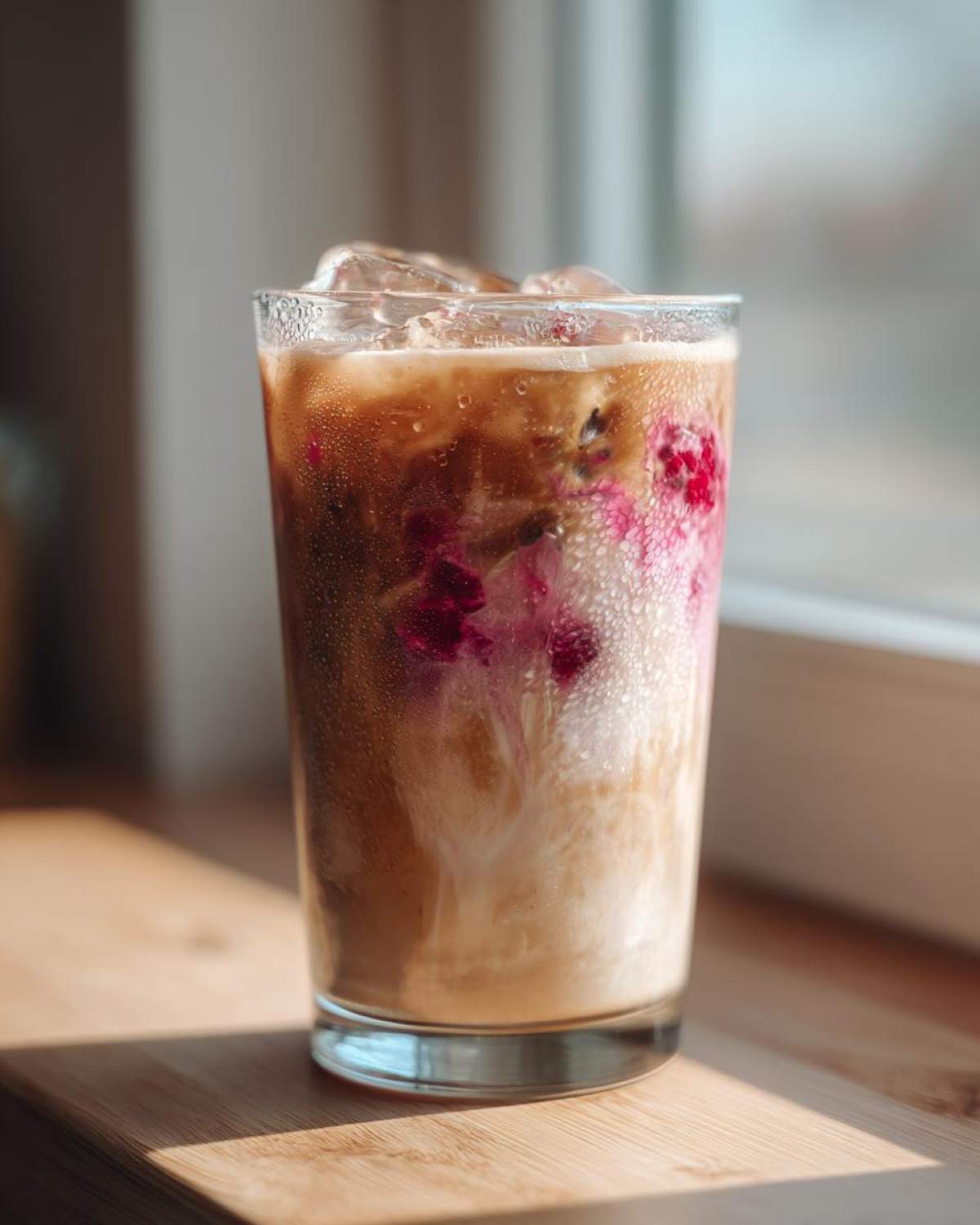 Close-up of a tall glass filled with Iced Raspberry Vanilla Chai, showing layers of milk, chai, ice cubes, and bright pink raspberry swirls.