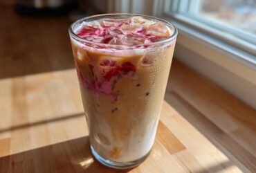 A tall glass of Iced Raspberry Vanilla Chai with ice cubes and bright pink raspberry syrup swirls, sitting on a wooden counter near a window.