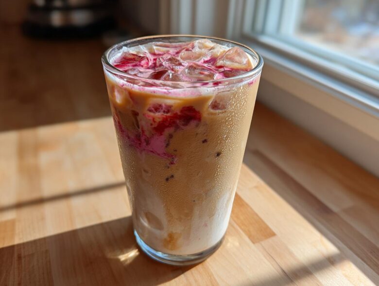 A tall glass of Iced Raspberry Vanilla Chai with ice cubes and bright pink raspberry syrup swirls, sitting on a wooden counter near a window.
