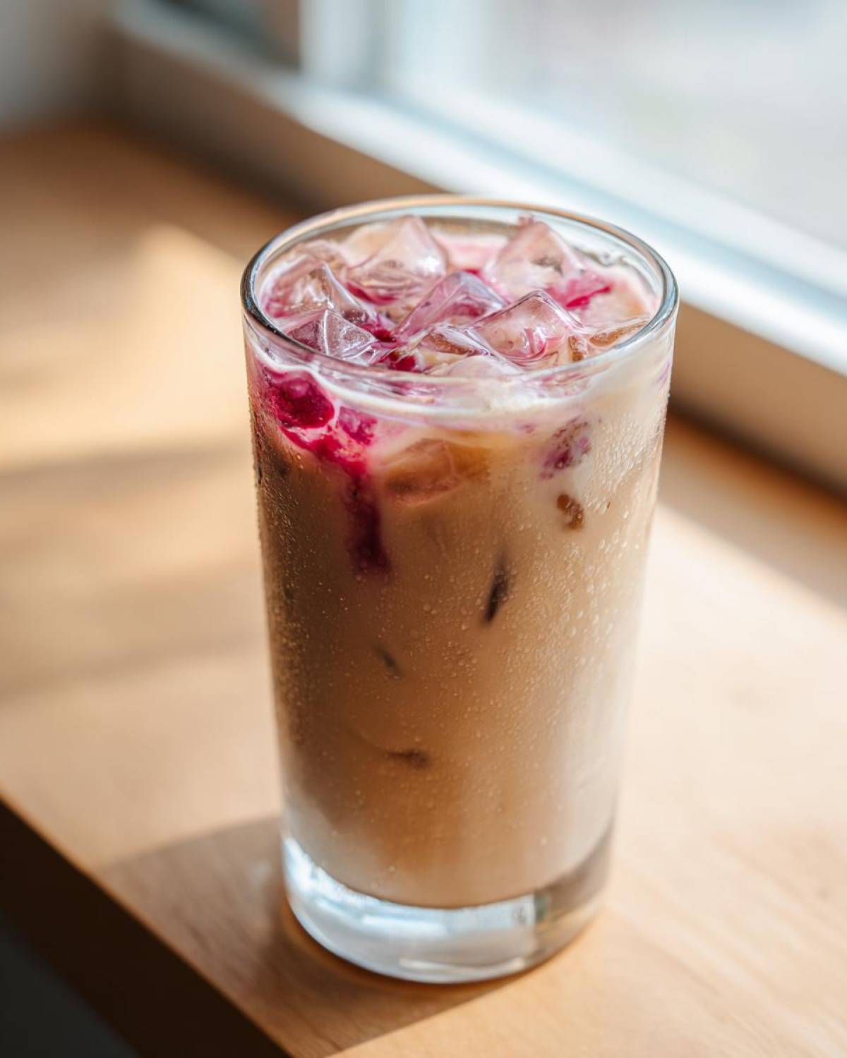 A tall glass of Iced Raspberry Vanilla Chai filled with ice, condensation, and raspberry syrup swirls.