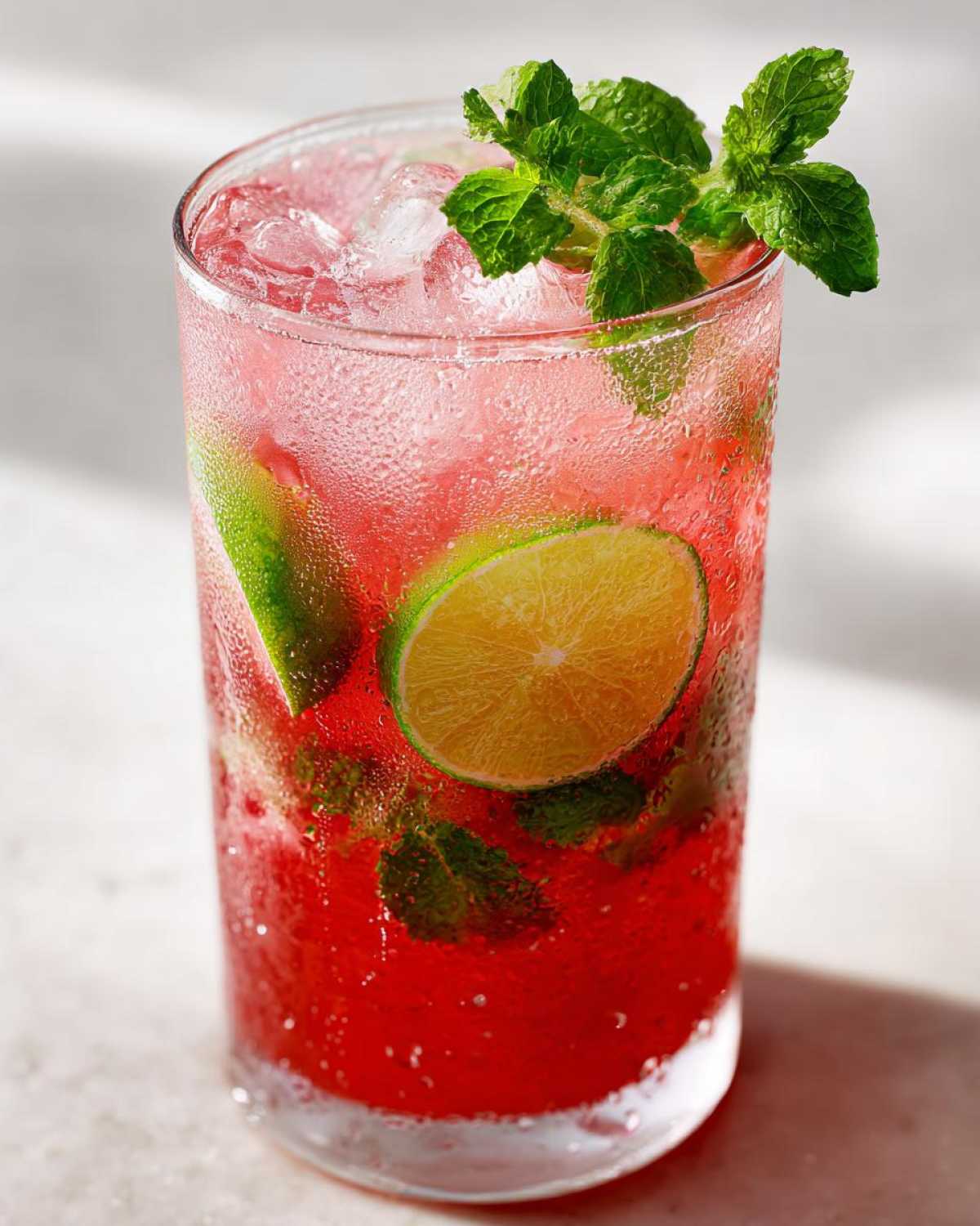 Close-up of a tall, sweating glass filled with a vibrant Iced Watermelon Lime Cooler, garnished with lime slices and fresh mint.
