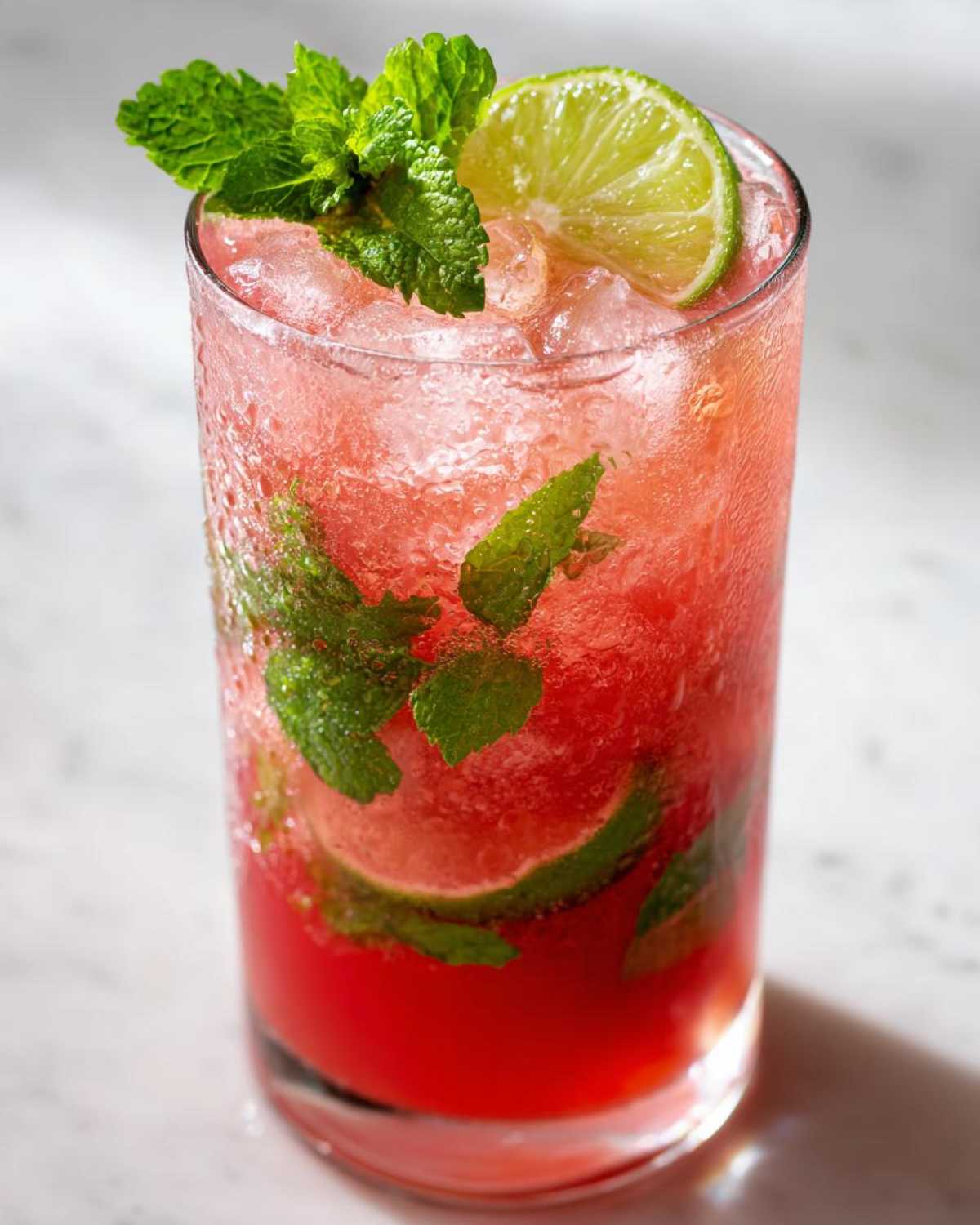 Close-up of a tall glass filled with a vibrant red Iced Watermelon Lime Cooler, crushed ice, mint leaves, and a lime wheel.