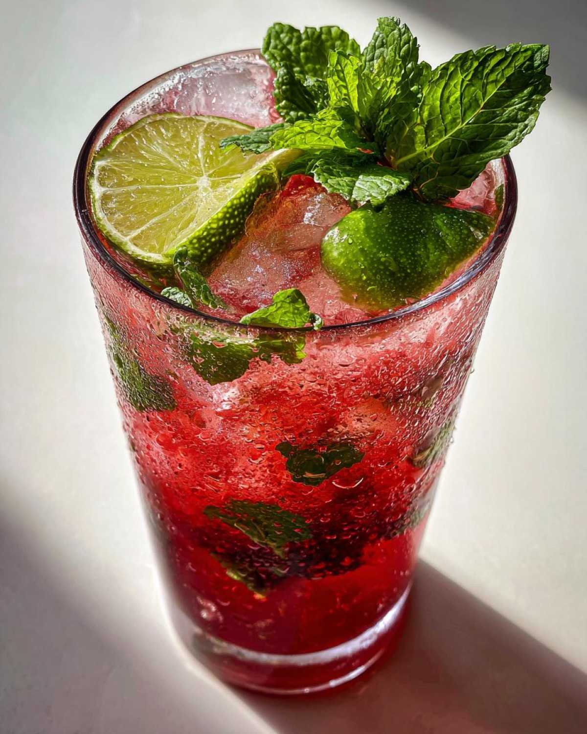 Close-up of a tall, sweating glass filled with a vibrant red Iced Watermelon Lime Cooler, garnished with fresh mint and lime slices.