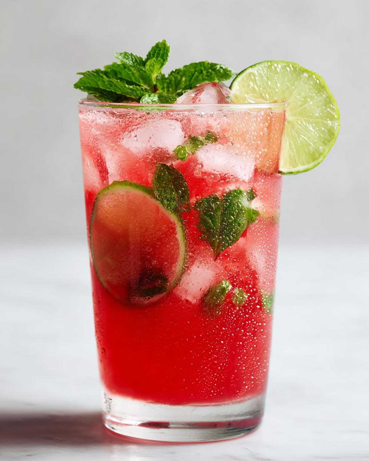 Close-up of a tall glass filled with Iced Watermelon Lime Cooler, ice, mint leaves, and lime slices.