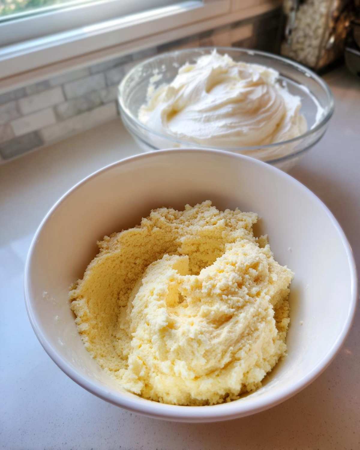 Two bowls showing different stages of ies; batter consistency, one crumbly and one smooth frosting.