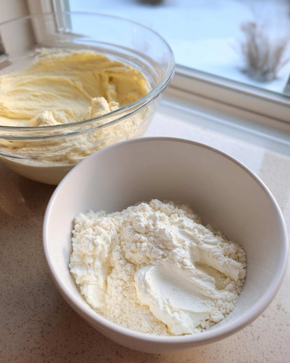 Close-up of ingredients for ies, showing a bowl of crumbly white cheese/ricotta next to a bowl of creamy yellow batter.