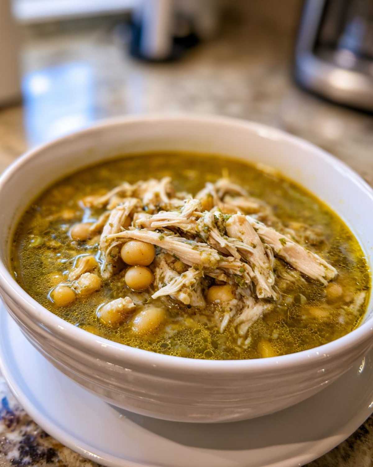 Close-up of a white bowl filled with Instant Pot Chicken Pozole Verde, showing shredded chicken and hominy in a green broth.