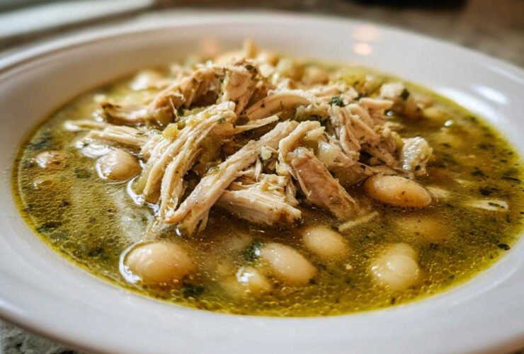 Close-up of a white bowl filled with Instant Pot Chicken Pozole Verde, featuring shredded chicken and white hominy in a green broth.