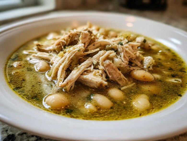Close-up of a white bowl filled with Instant Pot Chicken Pozole Verde, featuring shredded chicken and white hominy in a green broth.