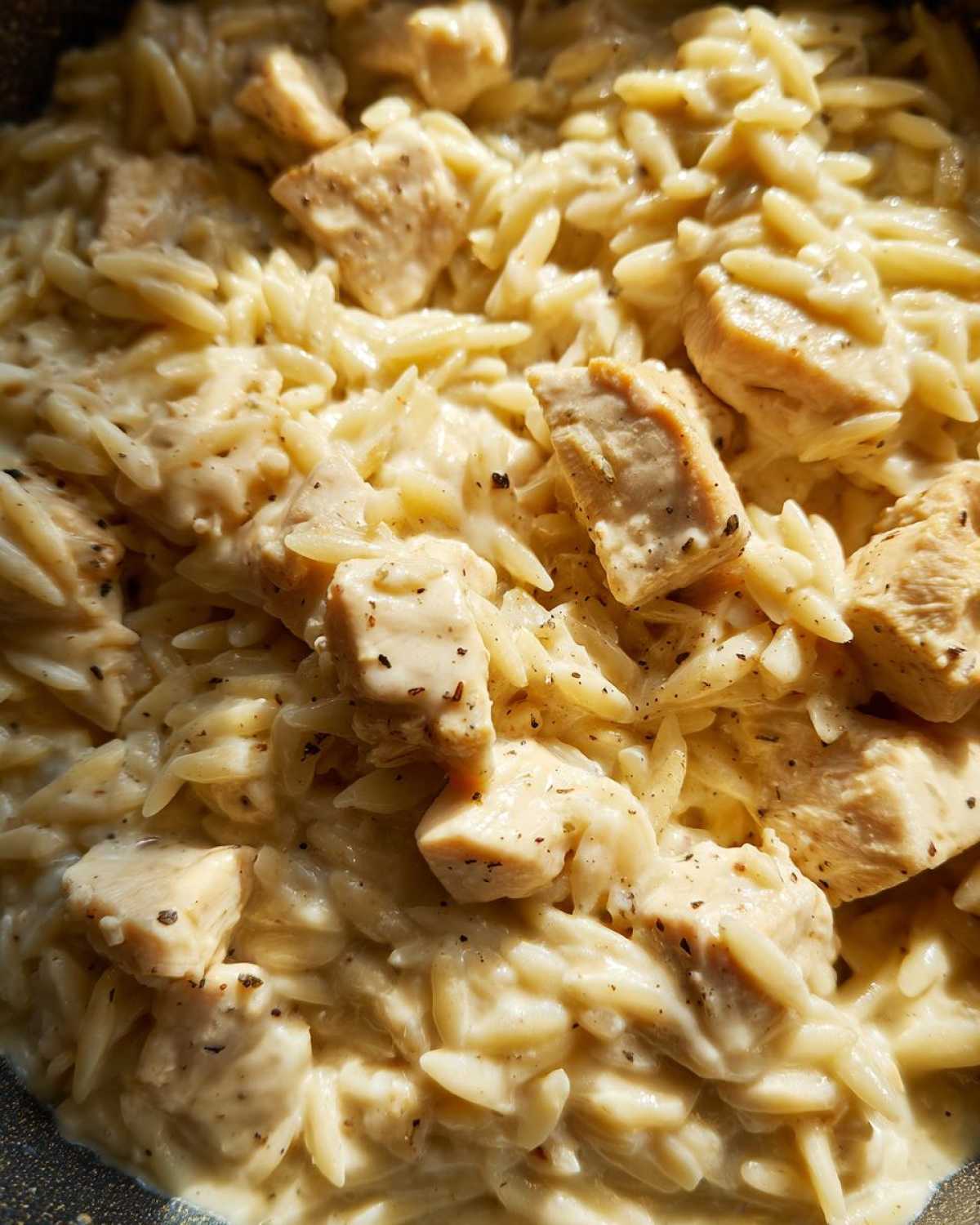 A close-up view of tender chicken pieces mixed with creamy orzo pasta, seasoned with black pepper, from the Instant Pot Creamy Chicken and Orzo.