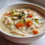 Close-up of a white bowl filled with rich Instant Pot Creamy Chicken and Rice Soup, topped with carrots and parsley.