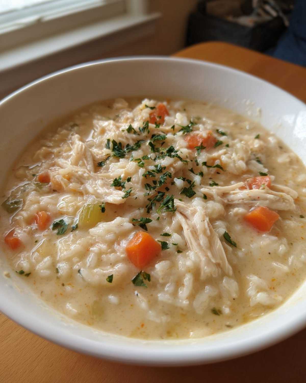 Close-up of a white bowl filled with Instant Pot Creamy Chicken and Rice Soup, topped with shredded chicken, carrots, and parsley garnish.