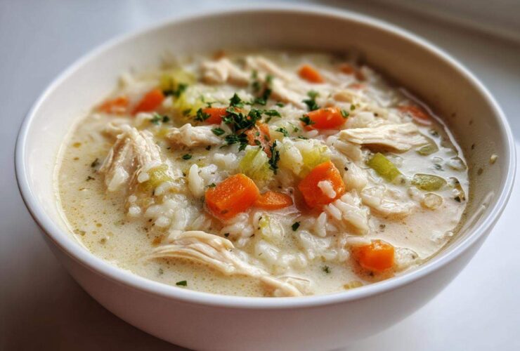 Close-up of a white bowl filled with rich Instant Pot Creamy Chicken and Rice Soup, topped with carrots and parsley.