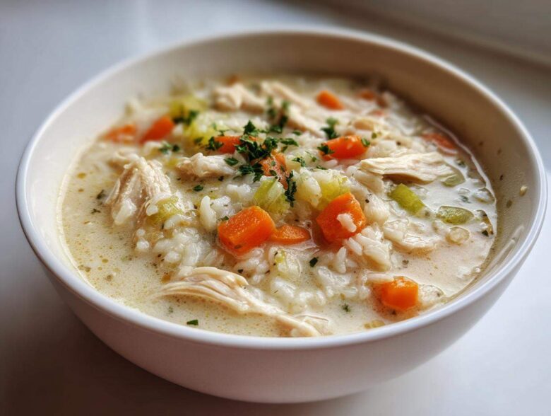 Close-up of a white bowl filled with rich Instant Pot Creamy Chicken and Rice Soup, topped with carrots and parsley.