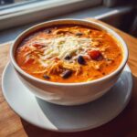 A close-up of a bowl of Instant Pot Creamy Chicken Enchilada Soup topped with shredded cheese and black beans.