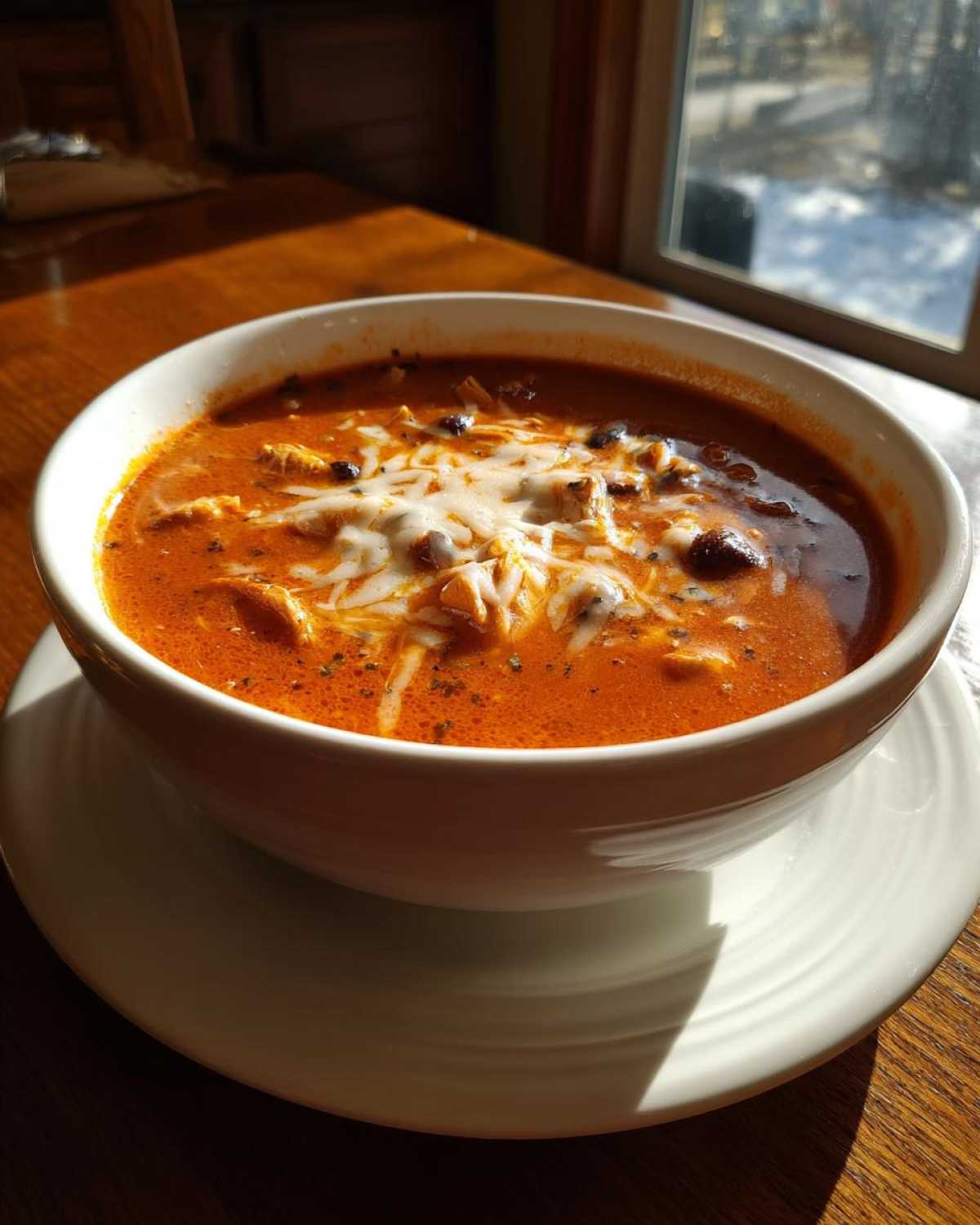 A white bowl filled with rich, orange-red Instant Pot Creamy Chicken Enchilada Soup, topped with melted shredded cheese and beans.