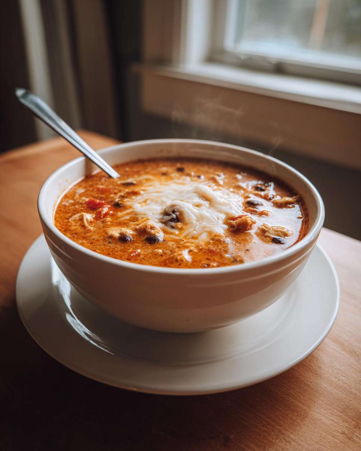 A steaming bowl of Instant Pot Creamy Chicken Enchilada Soup topped with melted white cheese.