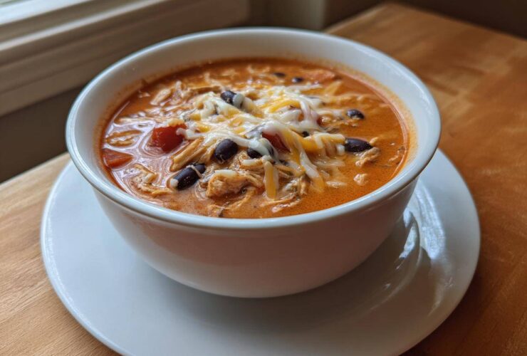 A white bowl filled with rich, orange Instant Pot Creamy Chicken Enchilada Soup, topped with shredded cheese, black beans, and chicken.
