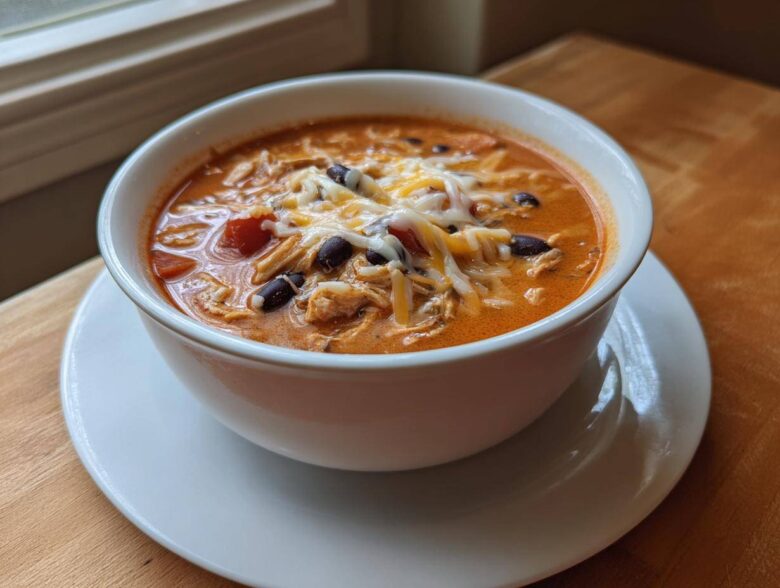 A white bowl filled with rich, orange Instant Pot Creamy Chicken Enchilada Soup, topped with shredded cheese, black beans, and chicken.