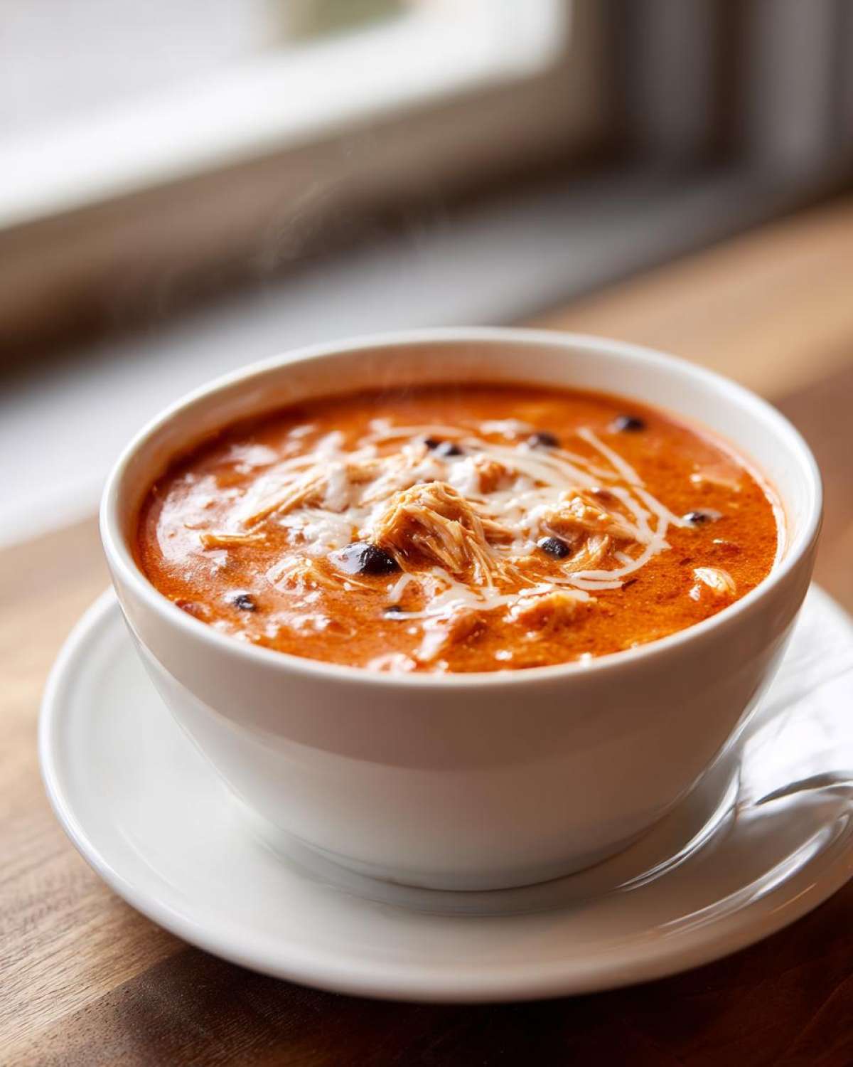 A close-up of a steaming white bowl filled with rich, orange Instant Pot Creamy Chicken Enchilada Soup, topped with shredded chicken and cream.