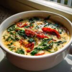 A close-up of a white bowl filled with Instant Pot Creamy Tuscan White Bean Soup, featuring spinach and sun-dried tomatoes.