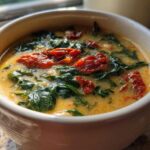 A close-up of a white mug filled with Instant Pot Creamy Tuscan White Bean Soup, featuring spinach and sun-dried tomatoes.