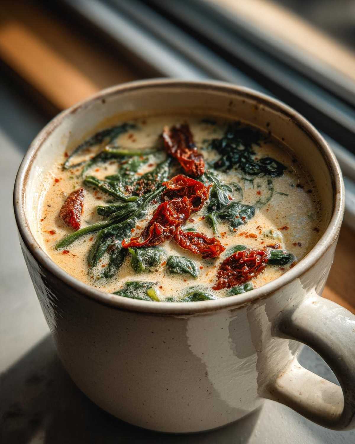 Close-up of Instant Pot Creamy Tuscan White Bean Soup topped with spinach and sun-dried tomatoes in a beige mug.
