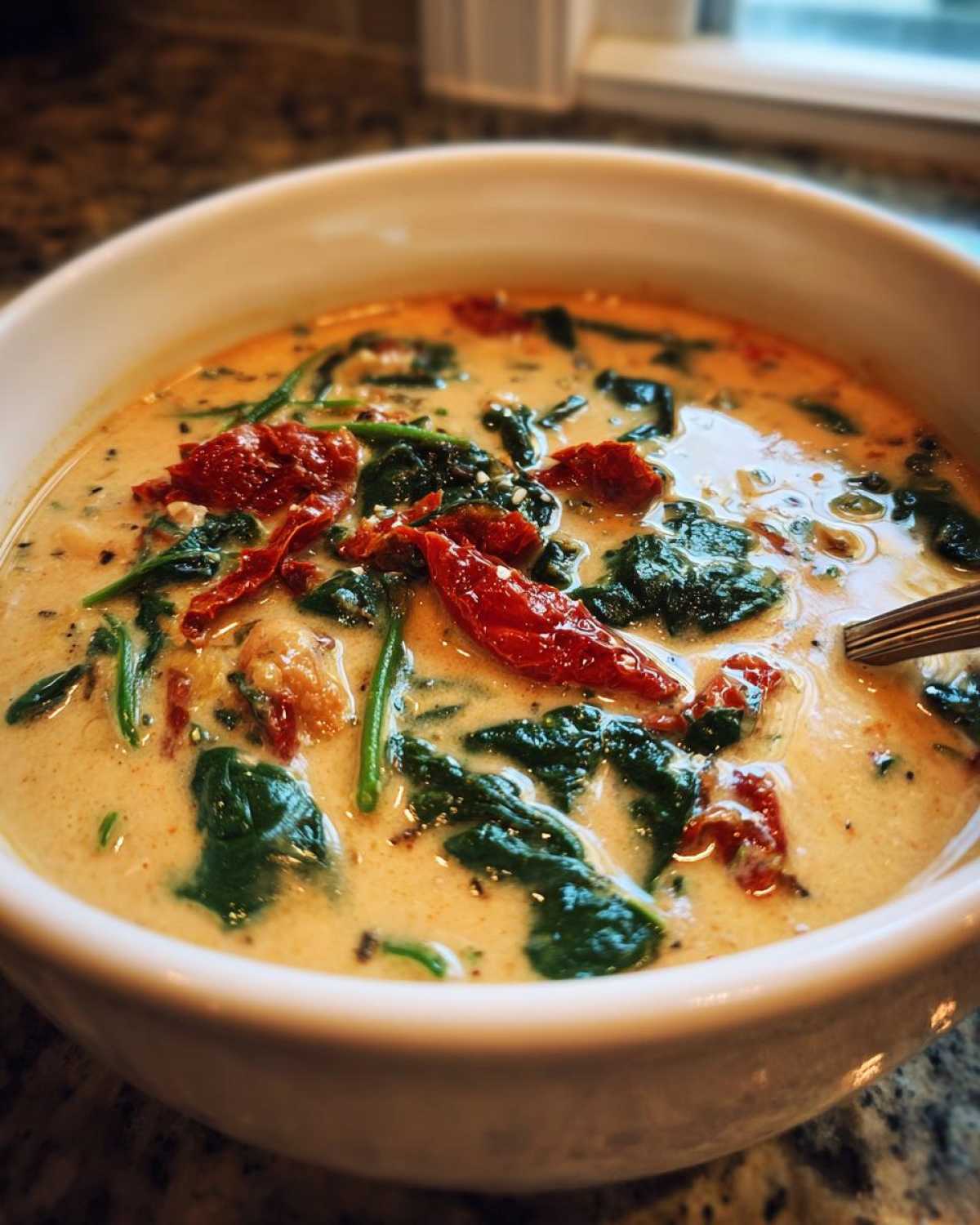 Close-up of a white bowl filled with Instant Pot Creamy Tuscan White Bean Soup, topped with spinach and sun-dried tomatoes.