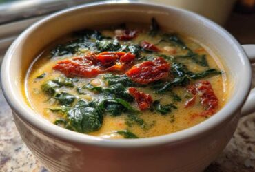 A close-up of a white mug filled with Instant Pot Creamy Tuscan White Bean Soup, featuring spinach and sun-dried tomatoes.
