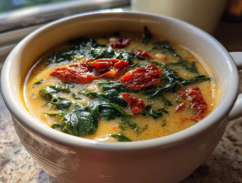 A close-up of a white mug filled with Instant Pot Creamy Tuscan White Bean Soup, featuring spinach and sun-dried tomatoes.