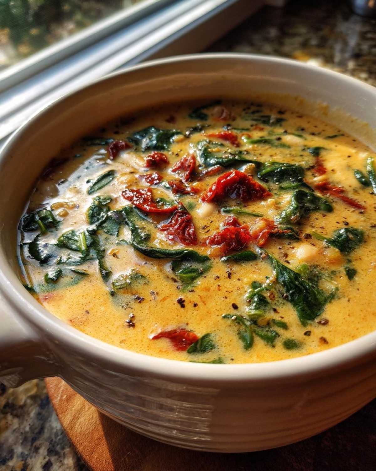 Close-up of a creamy, yellow Instant Pot Creamy Tuscan White Bean Soup topped with spinach and sun-dried tomatoes.