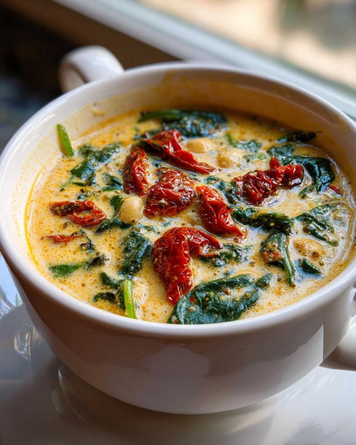Close-up of Instant Pot Creamy Tuscan White Bean Soup topped with sun-dried tomatoes and spinach.
