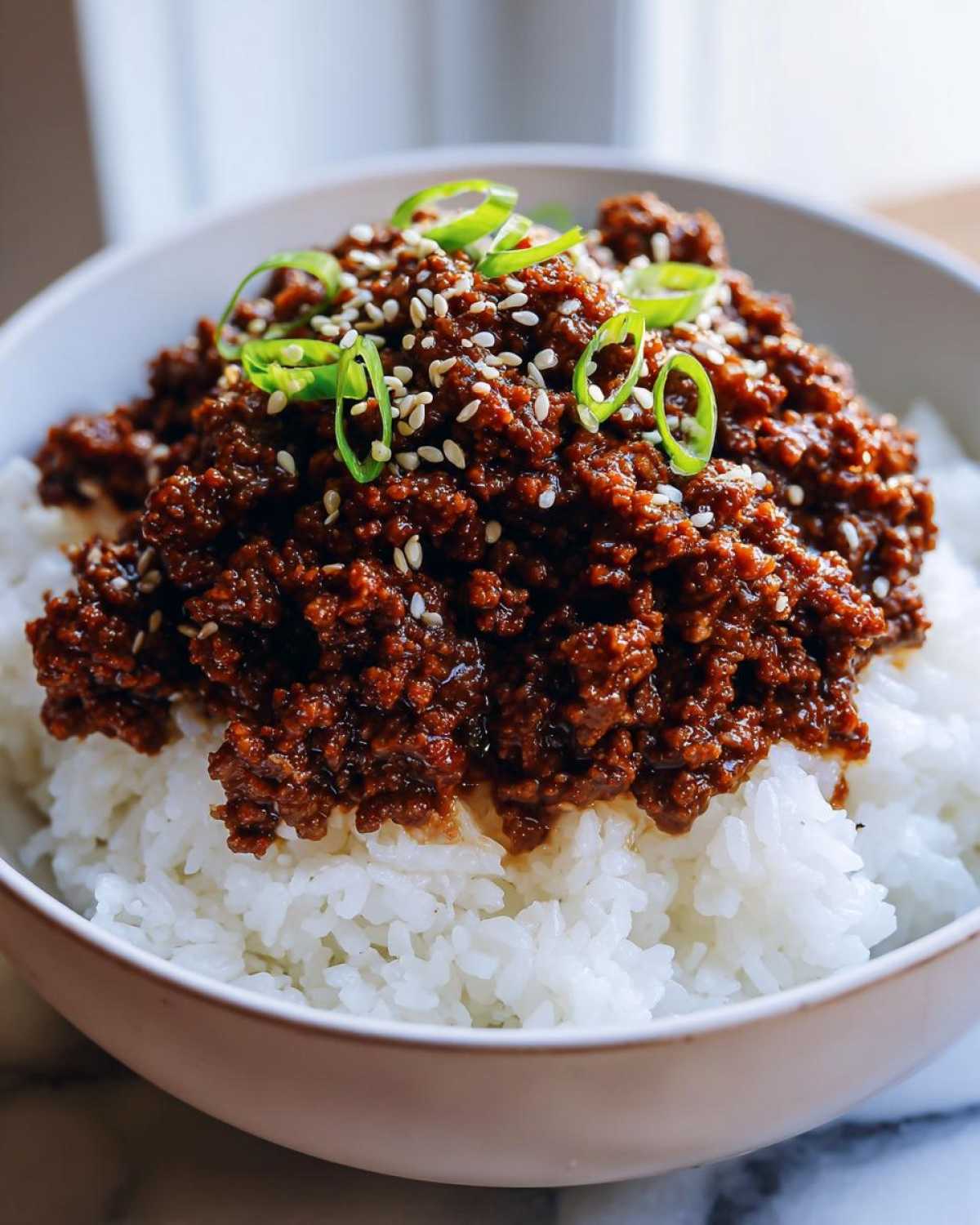 A close-up of Instant Pot Korean Beef and Rice Bowls, featuring savory ground beef over white rice, topped with sesame seeds and green onions.