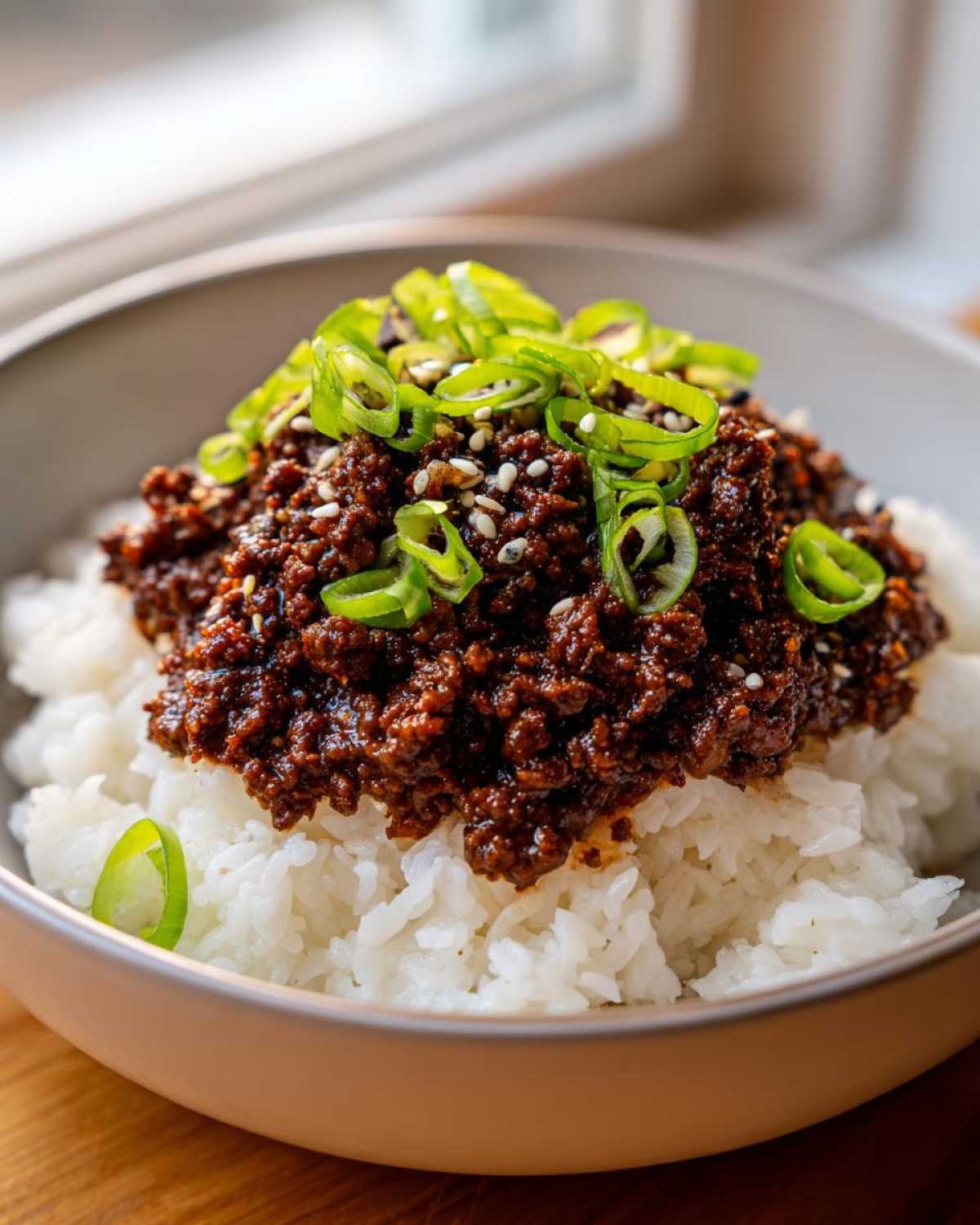 Close-up of Instant Pot Korean Beef and Rice Bowls, featuring savory ground beef over white rice, topped with green onions and sesame seeds.