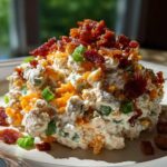 A mound of creamy jalapeno popper chicken salad topped with shredded cheddar and crispy bacon bits.