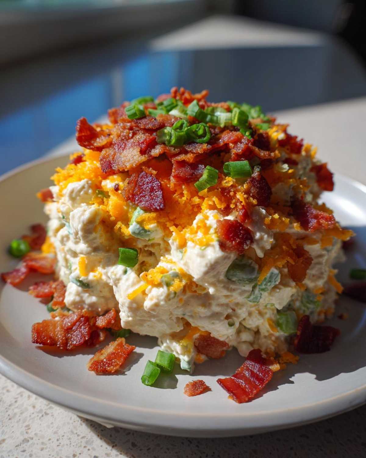 A mound of creamy jalapeno popper chicken salad topped generously with shredded cheddar cheese, crispy bacon bits, and green onions.