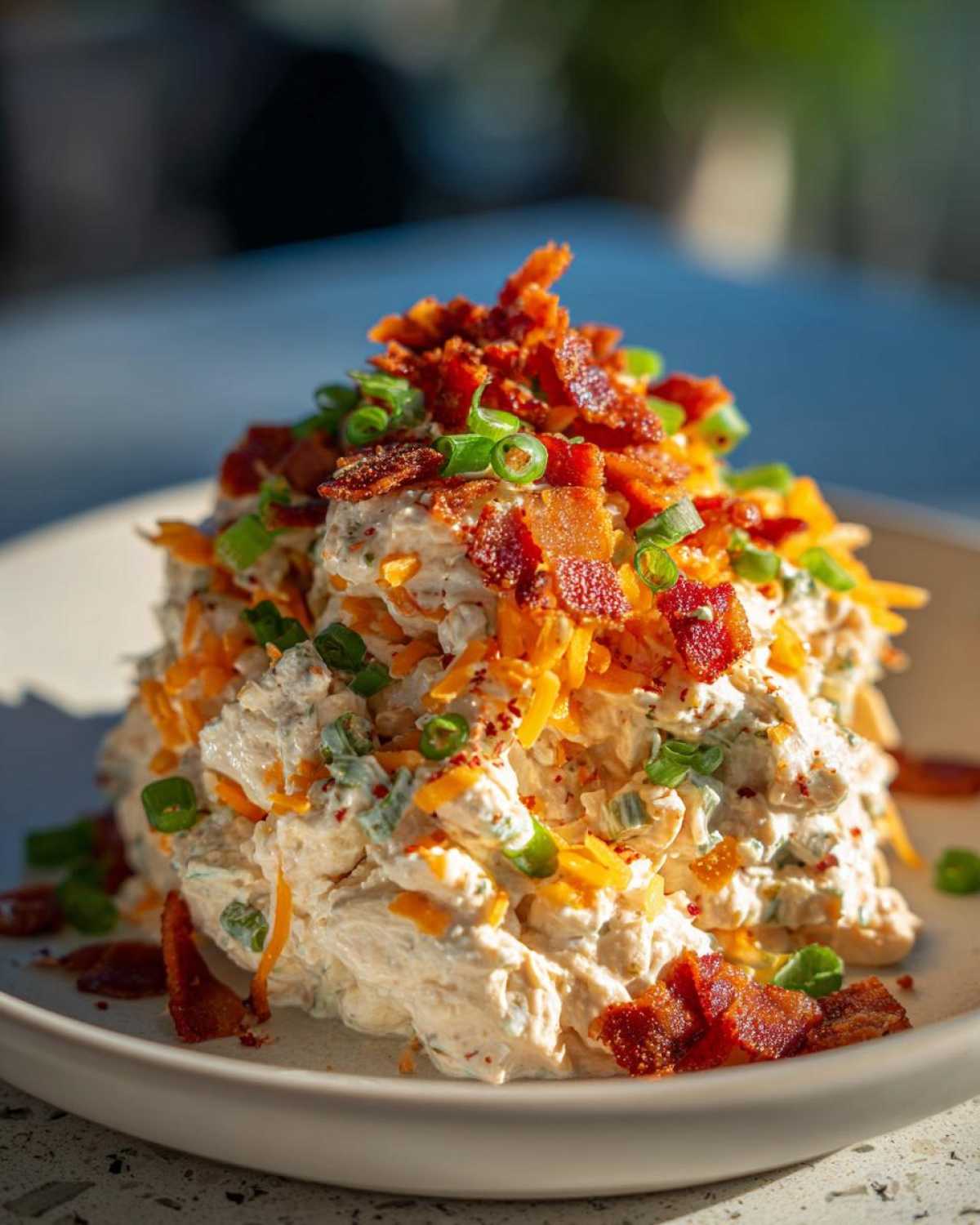 A mound of creamy jalapeno popper chicken salad topped with shredded cheddar cheese, crispy bacon bits, and green onions.