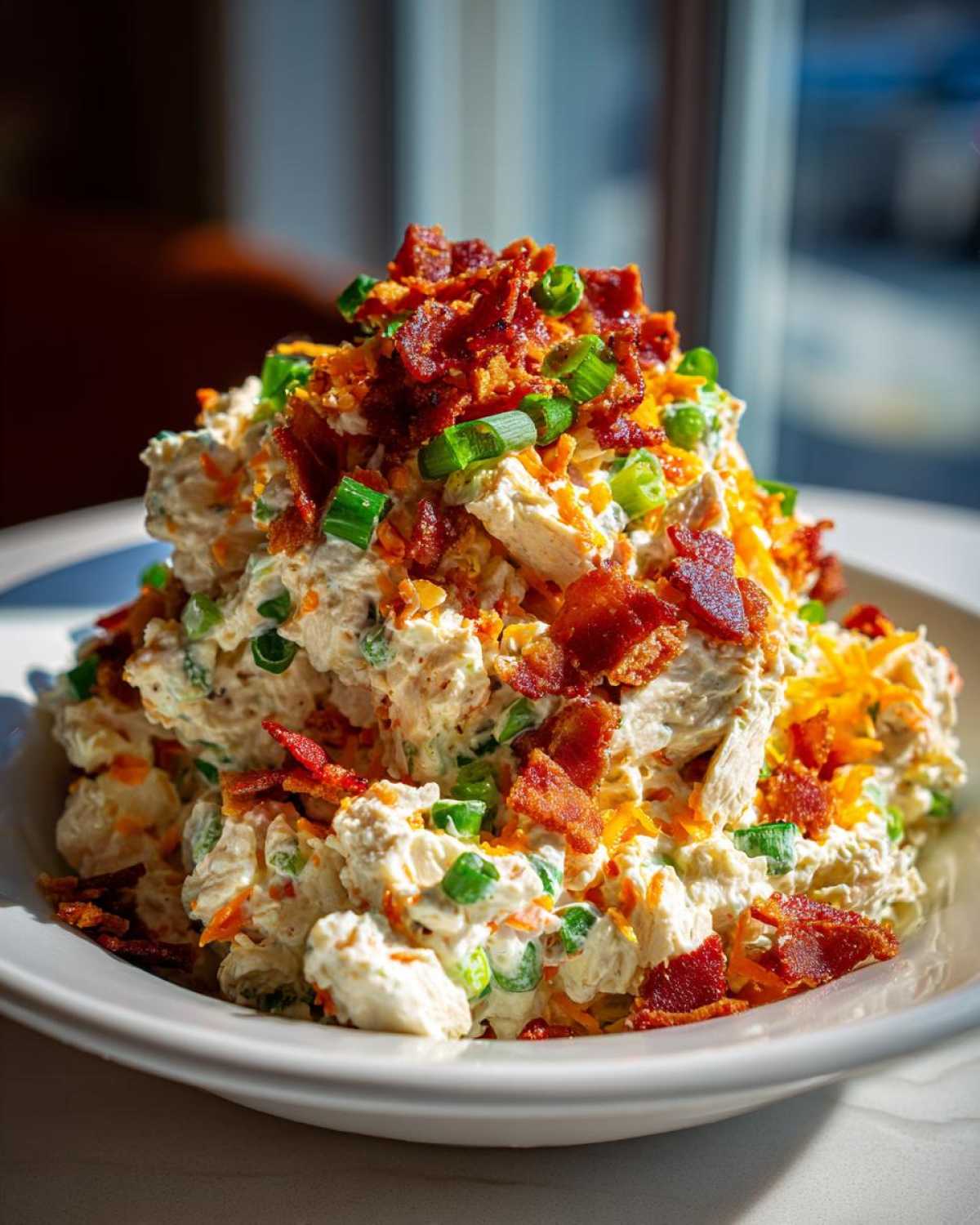 A generous serving of Jalapeno Popper Chicken Salad topped with crispy bacon bits and green onions.