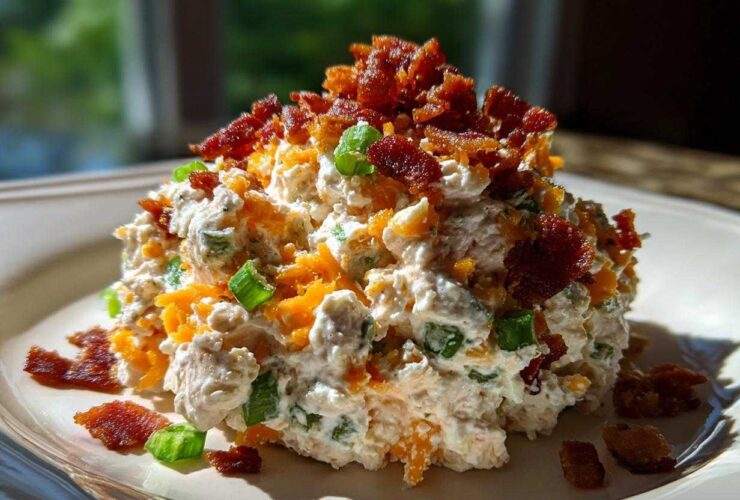 A mound of creamy jalapeno popper chicken salad topped with shredded cheddar and crispy bacon bits.