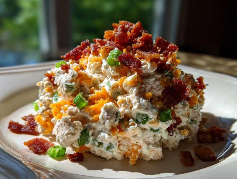 A mound of creamy jalapeno popper chicken salad topped with shredded cheddar and crispy bacon bits.