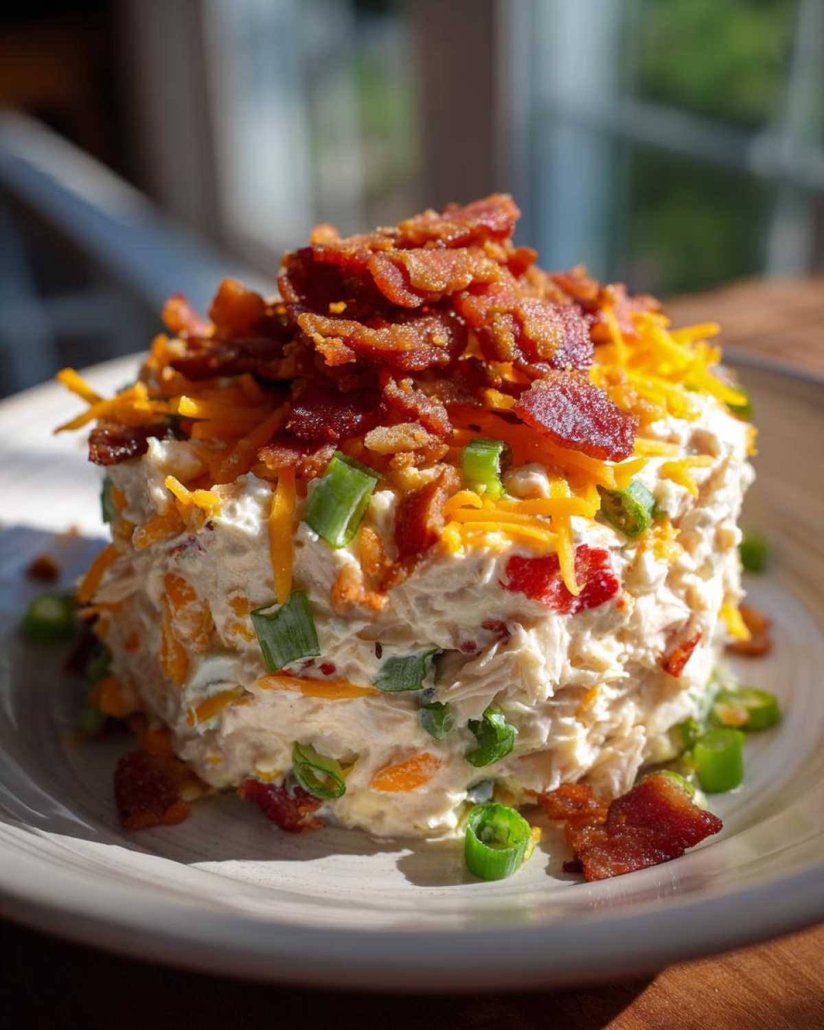 A molded serving of Jalapeno Popper Chicken Salad topped with shredded cheddar cheese, bacon bits, and green onions.